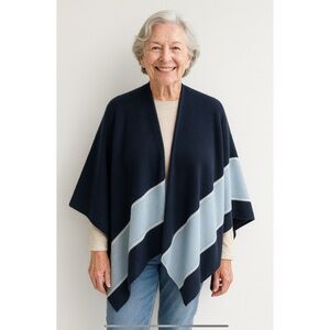 J MCLAUGHLIN HARRIET PONCHO WRAP SHAWL 100% CASHMERE BLUE ELEGANT QUIET LUXE OS